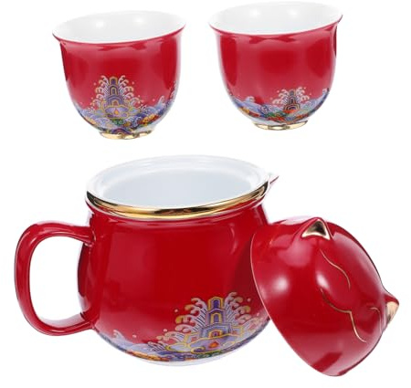Lurrose Portable Chinese Ceramic Tea with Lucky Cat Design Gold-Detail Porcelain Teapot and Two Cups Compact Travel Tea for Office Picnic and Relaxation