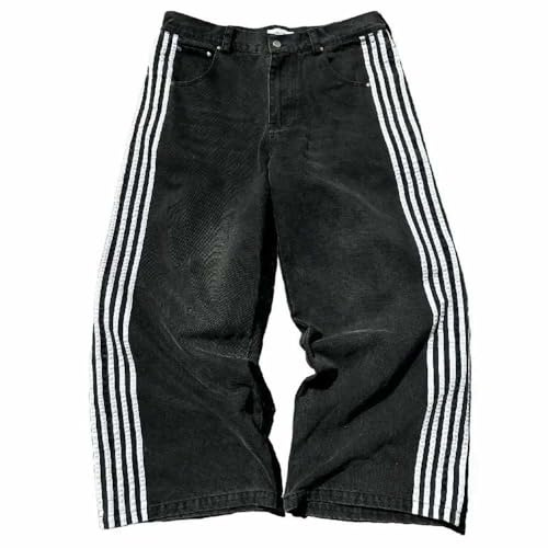 Jean Patchwork Vintage Unisexe Y2K – Pantalon Droit Ample à Rayures brodées pour Un Look Streetwear