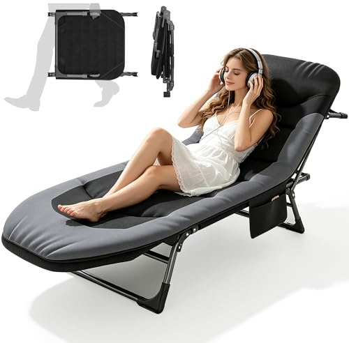 KaO0YaN Campingbett Feldbett klappbar Anglerliege 190x65x30cm mit Nackenkissen & Seitentasche, 6-Fach verstellbar, bis 150 kg belastbar, leicht faltbares Gästebett für Garten Outdoor (Schwarz)