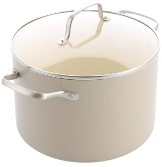 GreenChef Nordics Olla con Tapa de Vidrio y Revestimiento Cerámico Antiadherente 24 cm/7,6 L, Inducción, Mango Efecto Madera, Sin PFAS, Horno Hasta 220 °C, Apta para Lavavajillas, Crema