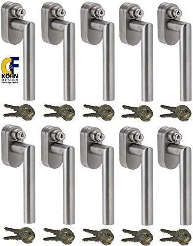 Abschließbarer Fenstergriff L-Form, Sicherheitsklasse ES2 geprüft, Edelstahl matt - Stiftlänge 35 mm, im Set 10 Stück alle gleichschließend mit insgesamt 20 Schlüssel