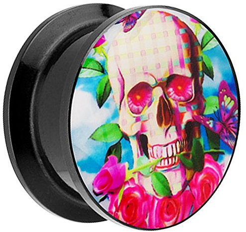 Piersando Ohr Plug Piercing Kunststoff Motiv Comic Picture Flesh Tunnel Ohrplug mit Totenkopf Rose Schwarz Bunt 14mm