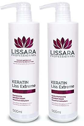 LISSARA - Duo Shampoing et Après-Shampoing Sans Sulfate SLES, Silicone, Paraben - à la kératine - Prolongateur Apres Lissage Brésilien - Fabriqué en France (500ml, Duo)