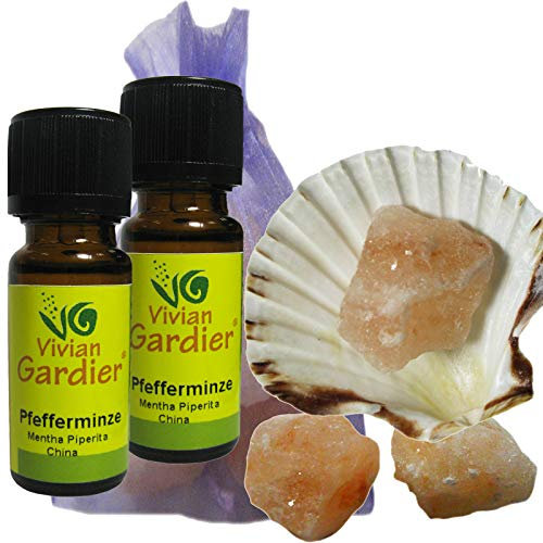 Pfefferminze Minze ätherisches Öl naturrein 2 x 10ml aus kontrolliertem Anbau. 7 teiliges Aromatherapie Duft Set mit Muschel + 3 Salz Kristalle zum Beduften + Säckchen. 50052