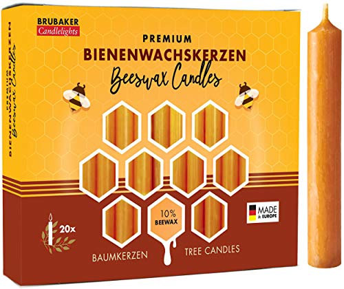 BRUBAKER 20er Pack Baumkerzen 10% Bienenwachs Weihnachtskerzen Pyramidenkerzen Christbaumkerzen Honig-Gelb