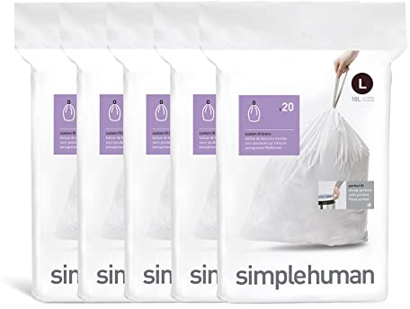 simplehuman Code L 100 Liners, 50% Recycled Custom Fit Bin Bags in Dispenser Packs, Durable Drawstring Tie Handle, 18L, White