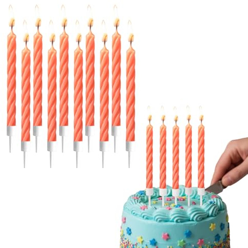 AEX Pack of 10 Orange Birthday Candles with Holders | Spiral Cake Candles for Cakes | Non-Toxic Wax Birthday Cake Candle Set | Party Candles for Birthday, Anniversary & Celebration Cakes
