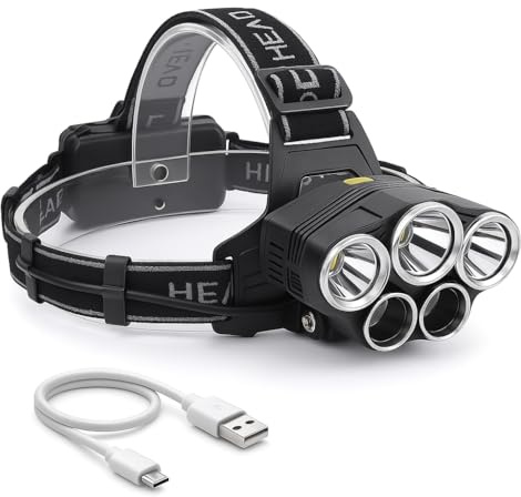 MAKA Torcia Frontale Led Potente 5 Luci 100000 ore Luminosa 4 Modalità Illuminazione Torcia Da Testa Impermeabile Ricaricabile 15000 Lm Campeggio Pesca Ciclismo Arrampicata Lavoro