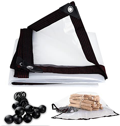 3m x 3m Clear Tarpaulin Waterproof Heavy Duty Clear Tarpaulin Sheet Transparent Clear Tarps Sheet Cover with Eyelets Bungees Ball Cord Plant Tarps Cover for Camping Fishing Gardening