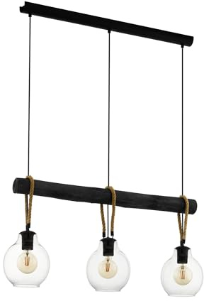 EGLO Pendelleuchte Roding, 3 flammige Hängelampe vintage | Hängeleuchte aus Glas in Klar, Metall in Schwarz, Holz und Naturseil, Esstischlampe, Wohnzimmerlampe hängend mit E27 Fassung