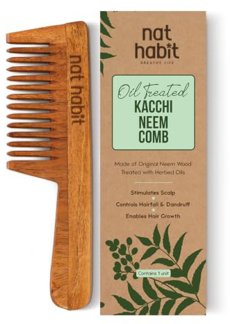 Nat Habit - Back To Natural Secrets Everyday Kacchi - Pettine in legno per uomo e donna, trattato con olio di Neem, Bhringraj e 17 erbe (a denti larghi), lunghezza 18-20 cm, marrone