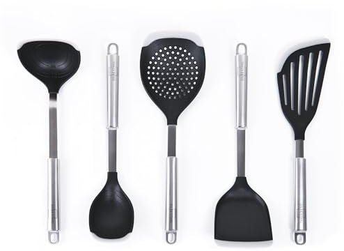 SILBERTHAL Küchenhelfer Set mit Silikon - 5 teiliges Set mit Pfannenwender, Servierlöffel, Schöpfkelle, Fischspatula und Schaumlöffel mit Silikonlippe für beschichtete Pfannen