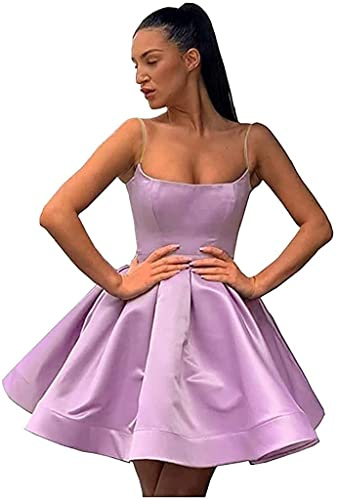WSEYU Robes de soirée à bretelles spaghetti avec poches en satin coupe A avec manches courtes pour adolescentes CD001, lilas, 36