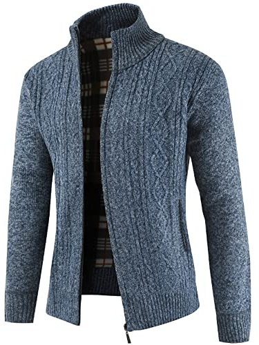 YAOHUOLE Mens Kintted Cardigan Thick Sweater Full Zip Stand Collar Cardigans Coat Plain Color Sweater Blue M