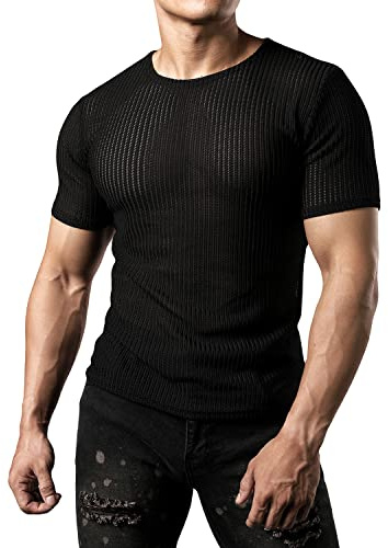JOGAL Hombres Malla A través Ajustado Manga Corta Músculos Top, Negro , S