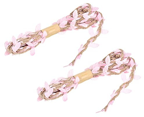 PATIKIL 6,6 Pies 5mm Arpillera Hoja Cinta, 2 Paquete Trenzado Decoración Vid Natural Yute Cuerda Cordel con Artificiales Hojas para Selva Boda Fiesta Hogar Jardín Decoración, Rosado