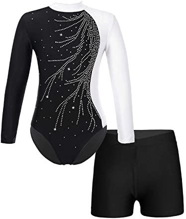 YiZYiF Kids Girls Rhinestone Long Sleeve Gymnastics Leotard Ballet Dance Unitard Bodysuit with Athletic Short Sets Tracksuit White 10 Years