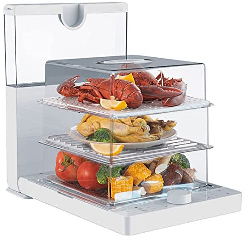 Vaporizador eléctrico de alimentos, vaporizador de carne vegetal plegable de 3 niveles de 1500 W con capacidad de 18,8 l, temporizador de 60 minutos, cestas extraíbles sin BPA, vaporizador de spa