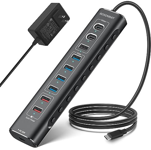 Rosonway Hub USB 3.2/USB C de 10 Puertos de 60 W con USB-A 3.2 de 10 Gbps, 2 USB-C 3.2, 4 Puertos de Datos USB 3.0, 1 USB-C P