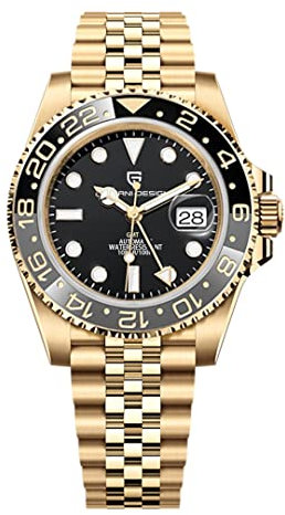 Pagani Design 1662 Herren Automatik GMT Mechanisch Edelstahl 40MM Uhr Saphirglas Wasserdicht Leuchtend Mode Business Herrenuhr (All Gold Schwarz)