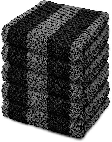 LIXURIATE Stripe Designed Tea Towels for Kitchen - 100% Cotton | Super Absorbent & Quick Drying Hotel Quality Kitchen Towels Set | 60 x 40 cm - Machine Washable for Everyday Use (5 Pack, Grey & Black)