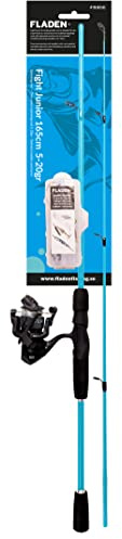 FLADEN Fishing 2 Piece 1.65m Junior Fight Lure Rod and Reel Line Combo Starter Set 5-20g cw Tackle Box with Swivels Traces Spinner & Spoon Lure (Blue) [12K-005165T]