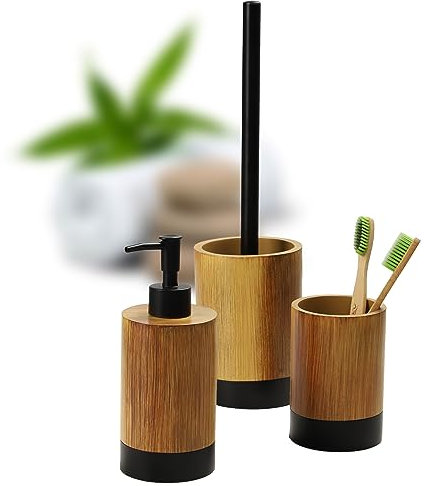 KADAX Set da bagno, dispenser di sapone, bicchiere per spazzolini e scopino per WC, accessori da bagno in poliresina resistente, set da bagno effetto legno, accessori da bagno (legno nero)