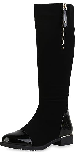 VAN HILL Damen Klassische Stiefel Blockabsatz Lack Trendy Schuhe 840545 213099 Schwarz Lack 38