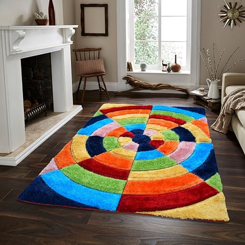 Rugs4Sale 4cm Thick Pile Super Soft Shaggy Modern Rugs Living Room 3D Pattern Multi-color Ideal For Bedroom, Hall, Kids Baby Room, Indoor & Outdoor Rugs Hallway Runners Carpet Mat(Design Circles)