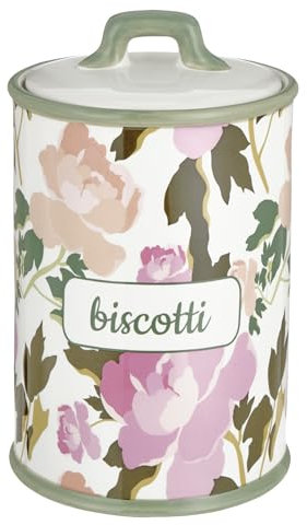 Baroni Home Biscottiera Decorata in Ceramica con Coperchio Ermetico, Accessorio da Cucina Colorato Resistente, Linea Rose, 13x13x20 cm