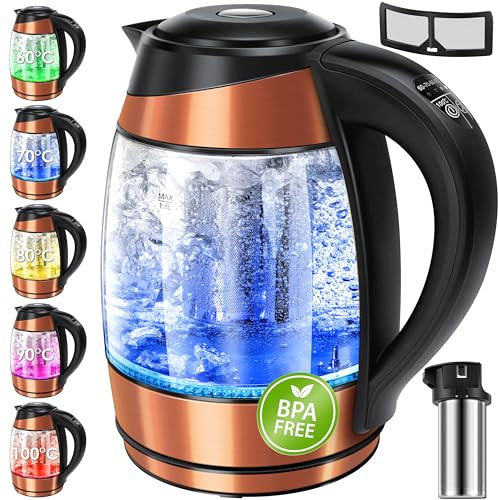 KESSER® 1,8L Hervidor de agua de acero inoxidable con filtro para té y filtro antical | Hervidor con iluminación LED - Color según la elección de temperatura 60, 70, 80, 90, 100 °C (Cobre)