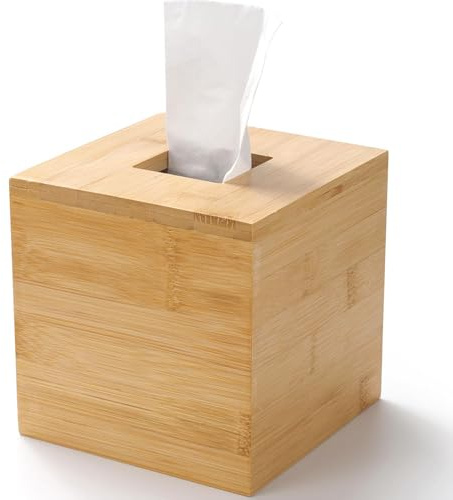 Kosmetiktücherbox aus Bambus, Quadratischer Tücherbox Halter, Holz Gesichtstuchhalter, Dekorative Taschentuchbox für Esstisch, Wohnzimmer, Badezimmer (Quadratischer, 14.5 x 14.5 x 14.5 cm)