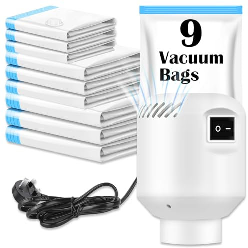 Vacuum Storage Bag Set with Electric Air Pump, 9 Pack (3 Jumbo, 3 Large, 3 Small) Reusable Clothes Storage Bags with Zip and Travel Hand Pump for Clothes, Duvets, Quilts, Pillows, Sweaters, Travelling
