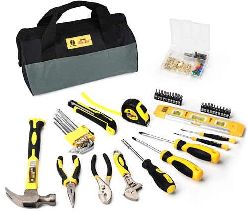B BOSI TOOLS 142 PCS Tool Set, Home Repairing Tool Kit with 13-Inch Wide Mouth Open Storage Tool Bag, Portable Home Tool Kit Including Hammer, Screwdriver, and Household Tools