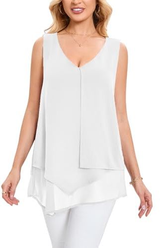 Famulily Women Blouses Tops V Neck Chiffon Tank Top Summer Sleeveless Shirts White XL