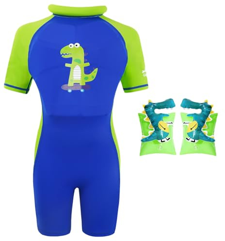 Gogokids Floatation Swimsuit for Boys Girls with Adjustable Buoyancy, Kids One Piece Swimwear Float Suit for Swimming Trainer, Toddler Bathing Suit Rash Guard Back Zipper with Arm Floaties
