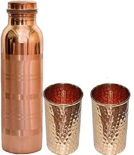 BishtHub Set di 1 bottiglia di rame e 2 bicchieri in vetro martellato misti, utensili da cucina, articoli da cucina per conservare acqua potabile, articolo per servire (bottiglia da 1000 ml + vetro da