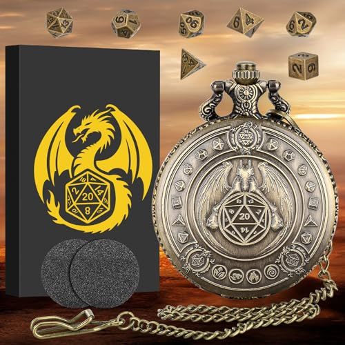 Keller & Weber Mini DND Würfelset mit Drachen Bronze Taschenuhr Muschelgehäuse, 7-teiliges Polyedrisches D&D-Würfelset aus Metall, DND Geschenke mit Geschenkbox, Rollenspiel-Brettspielzubehör Würfel