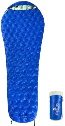 Xsog Ultraleichter Daunenschlafsack für Erwachsene, 0,9 kg, 32-55F 650 Füllung, leicht, kompakt, Mumien-Rucksack-Schlafsack für Outdoor-Camping und Wandern, komprimierbar -MFH500 (True Blue)
