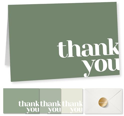 Paper Play Thank You Cards Bulk Pack of 40 Green, 5x3.5 Inches with Matching Stickers & Envelopes, Minimalistic Design Suitable for Business, Baby Shower, Wedding, Small Business, Graduation, Funeral