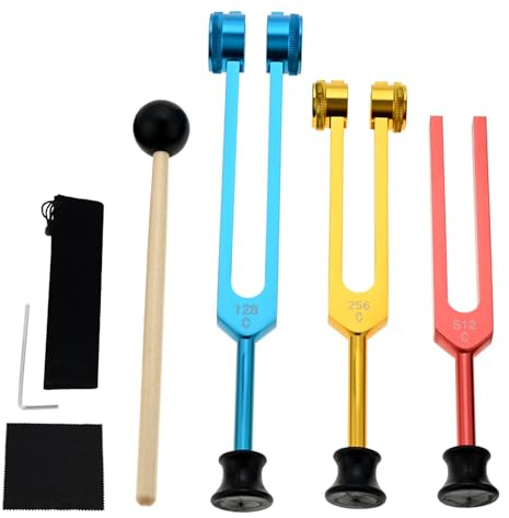 DRELD Stimmgabel-Set -128Hz, 256Hz, 512Hz Stimmgabel mit Gummiboden für Chakra-Heilung, Klangtherapie, DNA-Reparatur mit Reinigungstuch, Inbusschlüssel und Silikonhammer (bunt) | Stimmgabeln mit Silikonbasis, Reinigungstuch, Inbusschlüssel und Hammer für Chakra-Frequenz, Klangtherapie, DNA-Reparatur