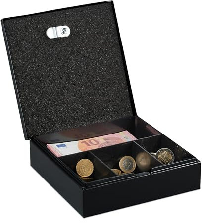 Relaxdays Caja de Dinero con Llaves, Bandeja Extraíble, 4 Espacios, Cambio y Billetes, 6 x 17 x 17,5 cm, Hierro, Negro