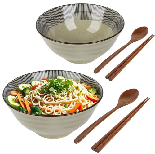 Buumin Juego de 2 cuencos de cerámica para ramen, cuencos de fideos de porcelana con palillos y cucharas, para pasta sopa, mezcla de pho, ensaladas, aperitivos, cereales, alimentos, 1100 ml