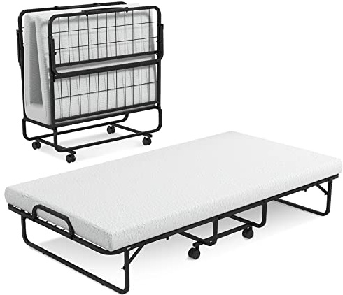 COSTWAY Gästebett klappbar 96x191 cm, Lattenrost aus Metall, Klappbett mit 10 cm Dicker Schaumstoffkernmatratze, Faltbett mit Rollen & stabilem Metallrahmen bis 180 kg belastbar