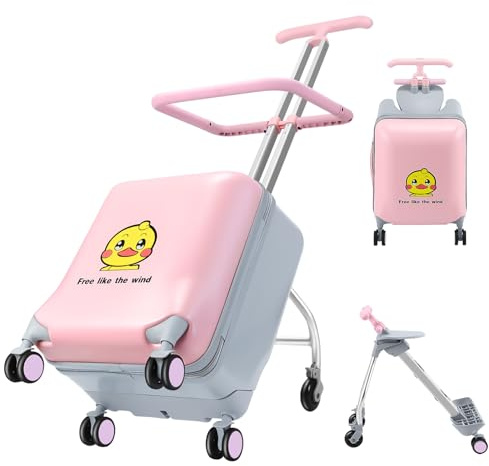 AODI Auffahrbarer Koffer für Kinder, 2-in-1 Leichtes Reisegepäck mit 360° Spinner-Rädern, Strapazierfähige Trolleytasche für Mädchen und Jungen - Maximale Tragkraft 50 kg (Rosa)