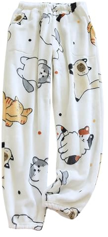 Baggy byxor för damer breda ben mysiga dambyxor dam luddig fleece pyjamasbyxor söta tryck flanellbyxor vinter varma pyjamasbyxor joggingbyxor damkläder