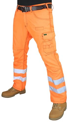 HASHOOB TRADING FZE Herren-Arbeitshose mit mehreren Taschen, hohe Sichtbarkeit, Cargohose, Arbeitshose, Orange, 32 W/34 L