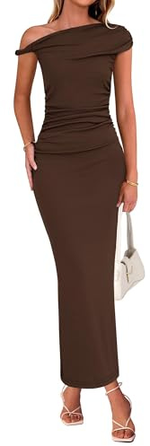 BTFBM Women Formal Cocktail Dresses Summer 2026 One Shoulder Twist Strap Ruched Bodycon Elegant Wedding Party Maxi Dress(Coffee, X-Large)