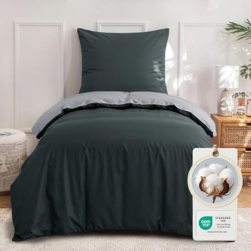 Aisbo Bettwäsche 140x200 Baumwolle - Bettwäsche-Sets Anthrazit Grau Wendebettwäsche Set mit Kissenbezug 80x80, Oeko-TEX Zweifarbiger Baumwollbettwäsche mit Reißverschluss