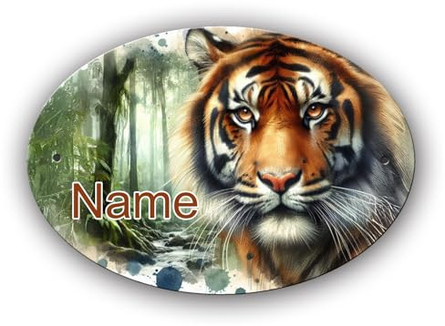 Maus-Design Türschild personalisiert mit Name und Schriftartwahl, Tiger | 12,7 x 8,8 x 0,2 cm, 2 Bohrungen, Kunststoff, oval